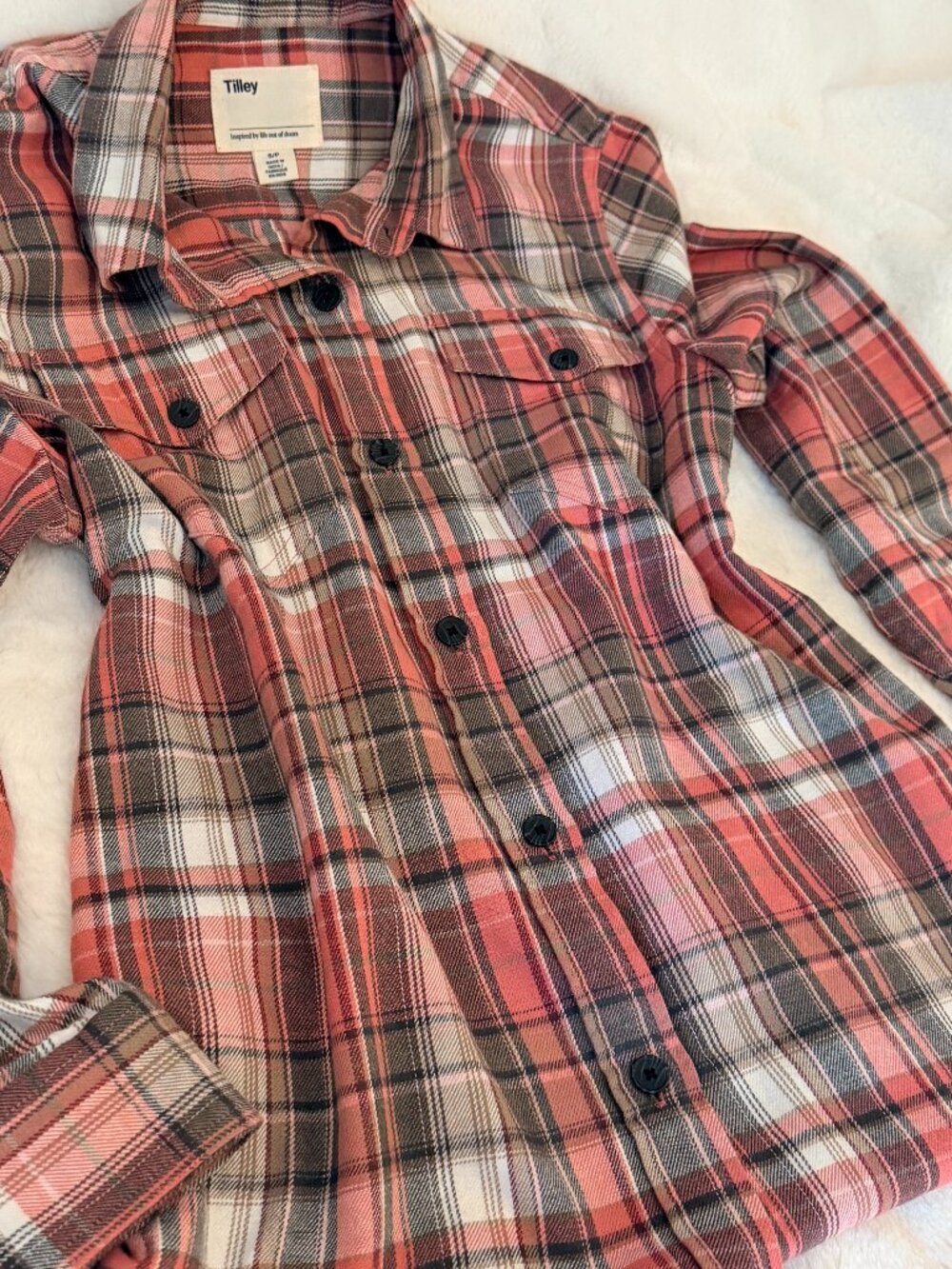Classic and Cozy Tilley Coral Pink Plaid Button-Up Flannel Shirt - Size Small